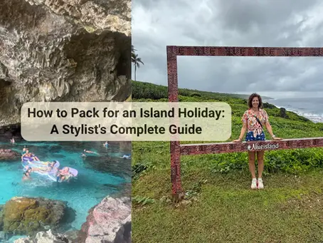Stephanie and family enjoying island holiday, swimming in clear cave pool and posing by scenic coastal viewpoint.