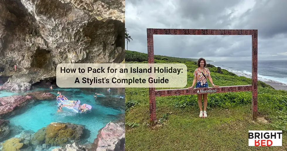 Stephanie and family enjoying island holiday, swimming in clear cave pool and posing by scenic coastal viewpoint.