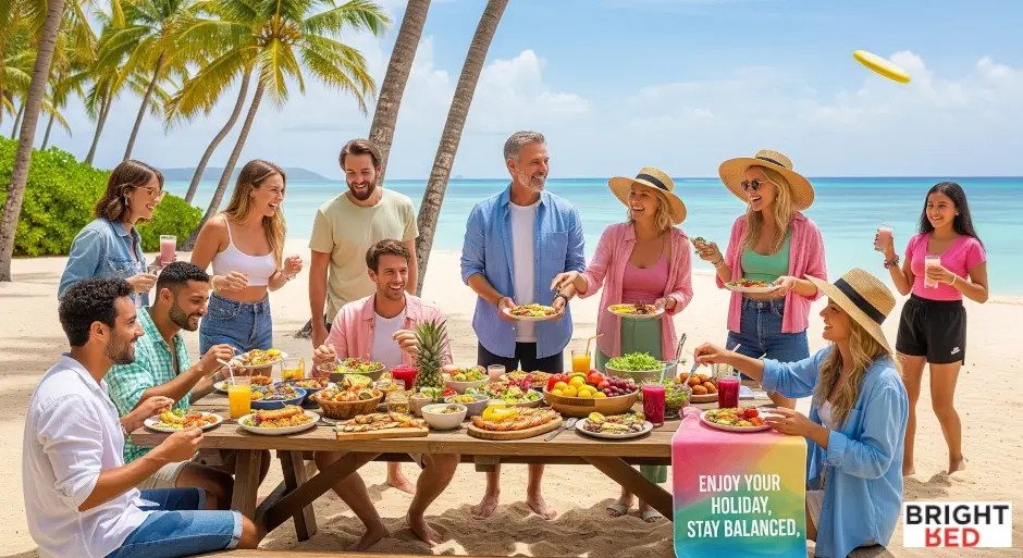 Group of cheerful people enjoying a colorful, healthy meal at a picnic table on a tropical beach, surrounded by palm trees and ocean views. A towel reads "Enjoy Your Holiday, Stay Balanced."
