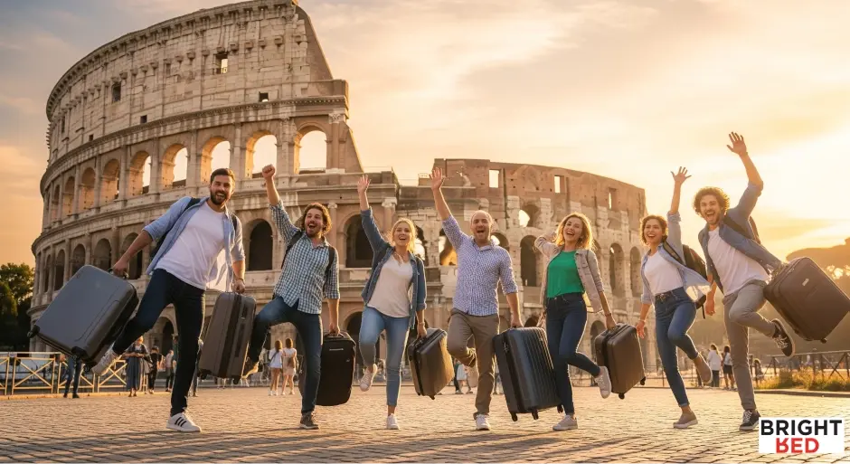 Group of cheerful young travellers jumping with suitcases in front of the Colosseum in Rome during golden hour, celebrating the start of their trip.