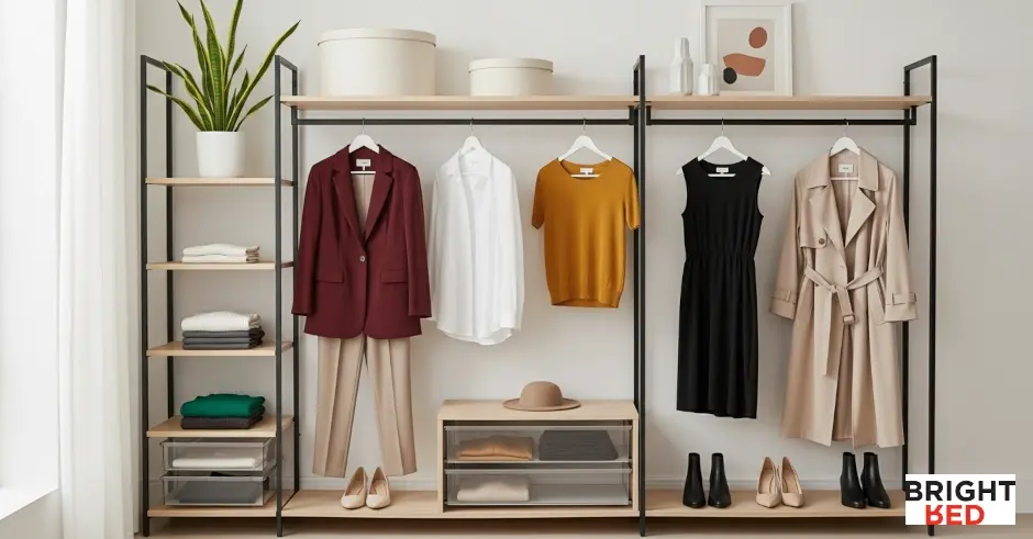 Minimalist capsule wardrobe with blazers, dresses, tops, and a trench coat in neutral tones, paired with shoes and accessories.