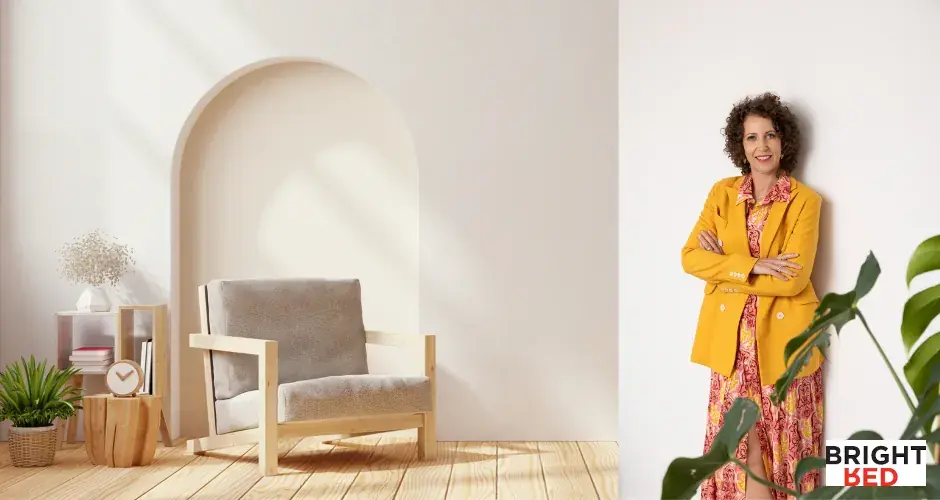 Stephanie Rumble standing beside a calming room scene with a quote about the emotional impact of empty nest years and regaining control.