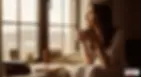 Young woman in a white dress holding a cup of tea, gazing thoughtfully out a window while surrounded by books and vintage photographs on a cosy windowsill.