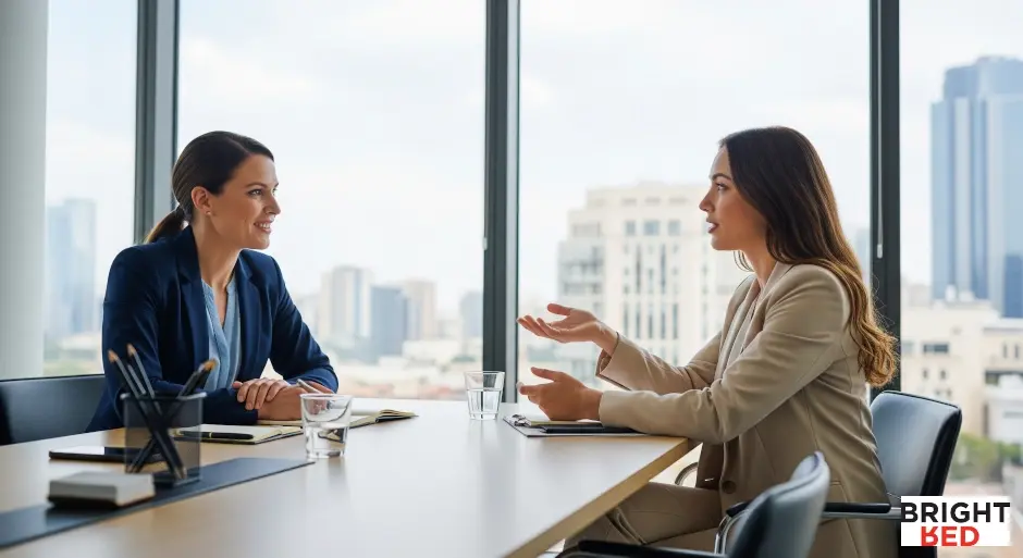 Two professional women in business suits sit at a conference table, engaged in a conversation with city views in the background.