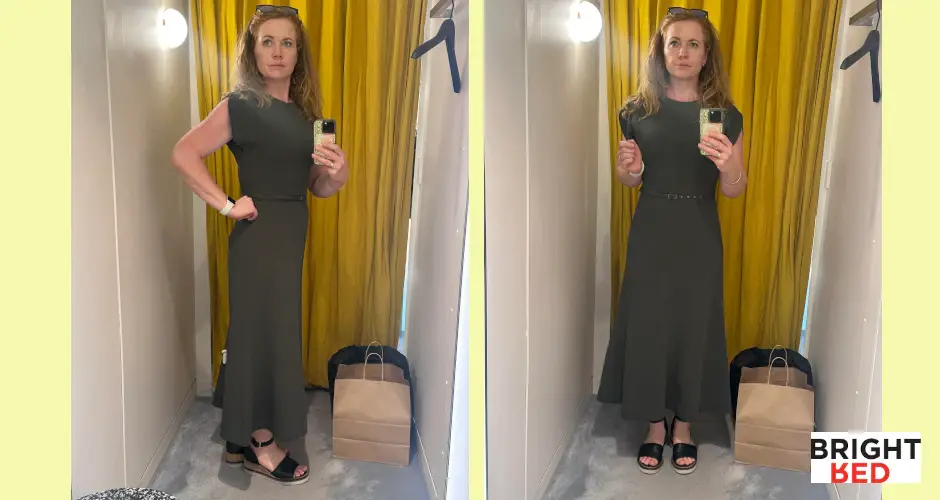 Before and after mirror photos of Melody, showing sustainable weight loss and increased confidence without restrictive dieting.