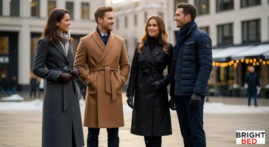 Two men and two women in stylish winter coats stand outdoors, showing options for layering suits in cold weather.