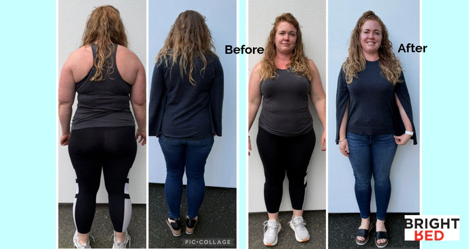 Before and after photos of Melody’s weight loss journey, showing visible change alongside growing confidence and posture.
