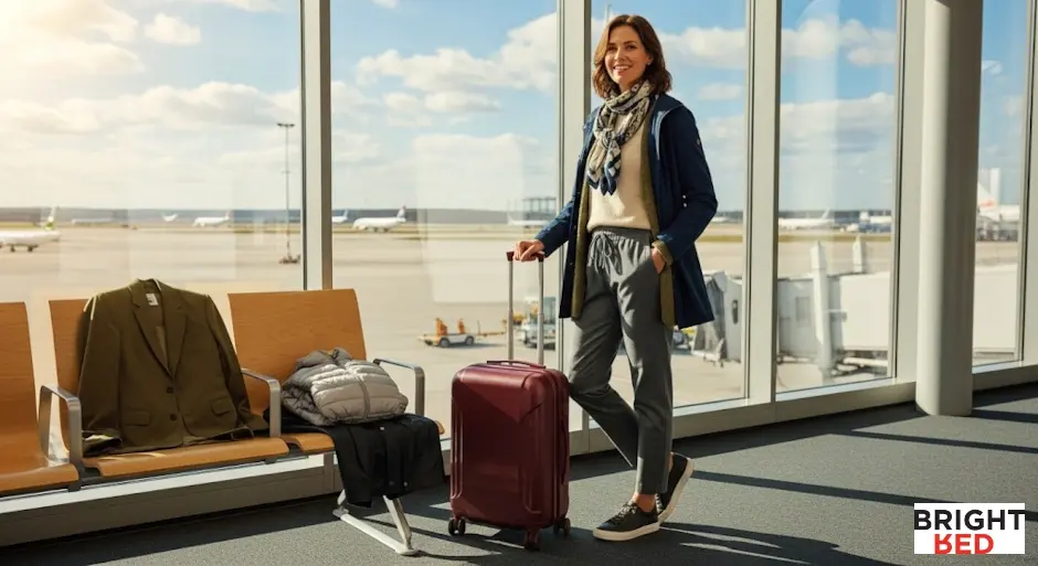 Woman at an airport with suitcase, dressed in layered travel outfit with scarf and jacket, ready for changing weather.