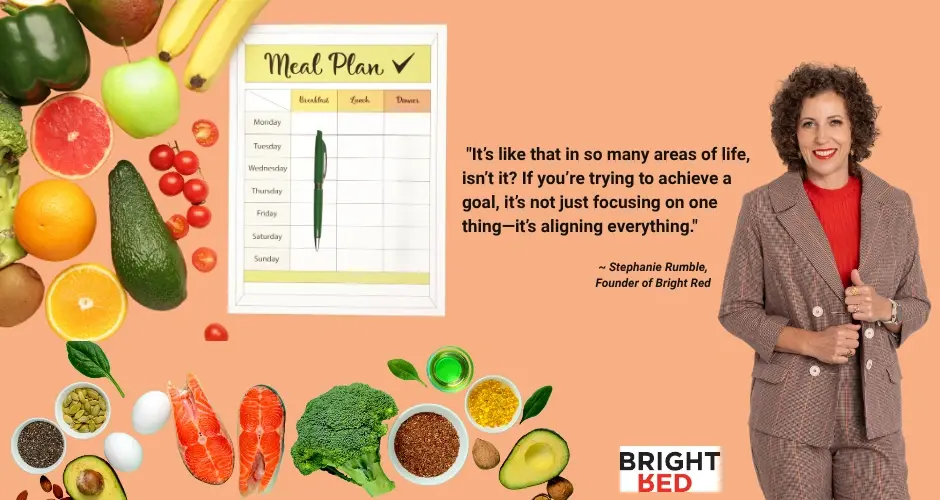 Stephanie Rumble stands beside a meal plan chart and healthy foods, sharing a quote about alignment and holistic goal setting.