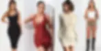 Four women wearing form-fitting, figure-accentuating outfits including bodycon dresses, a knit mini dress and a crop top with shorts, reflecting a sexy style.