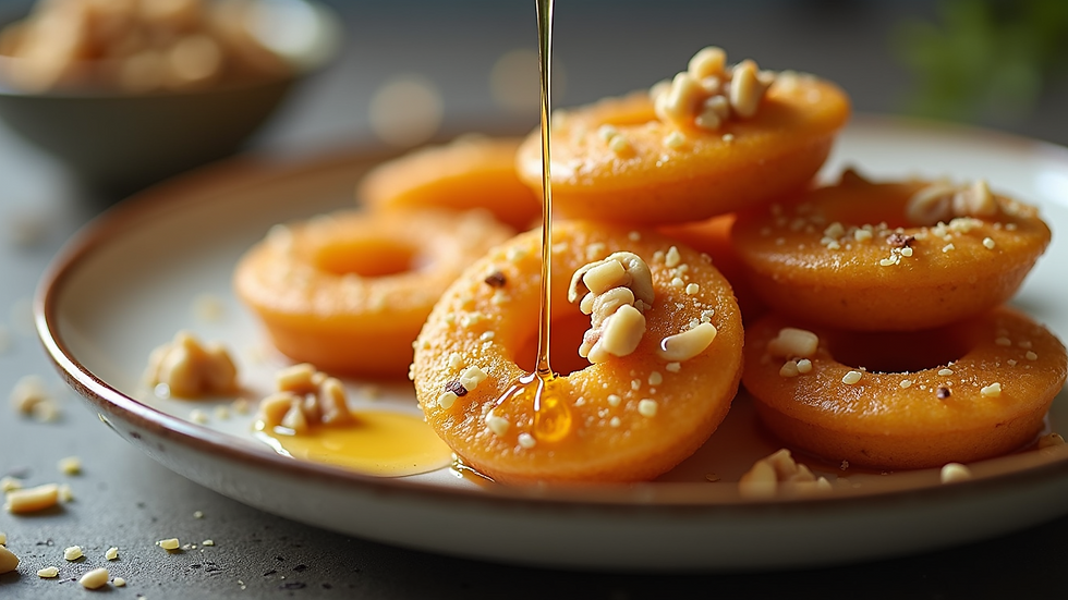 Eye-level view of a plate of diples drizzled with honey and sprinkled with nuts