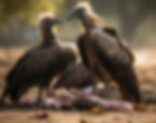 Three vultures eating carcasses in a natural setting, with scattered bones and meat visible on the ground. Trees and sunlight in a blurred background.