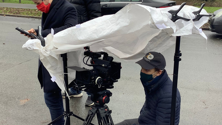 Come rain or shine, we had to get it done. Principal DOP Matthew Scott is under the canopy.