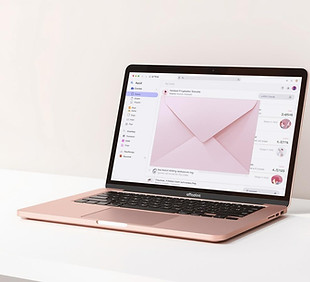 Create an aesthetic image of a desk with a laptop, and on the screen, show an email inbox 