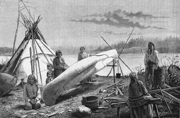 Engraving depicts an Ojibwe (Chippewa) camp on the bank of a river, circa 1800s. The tribe members use birchbark to repair their damaged canoe.
