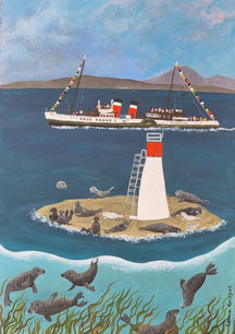 Seals laying on rocks by a  lighthouse,with underwater scene of seals frolicking and playing underwater