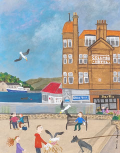 Man has chips  stolen by seagull gull naive painting