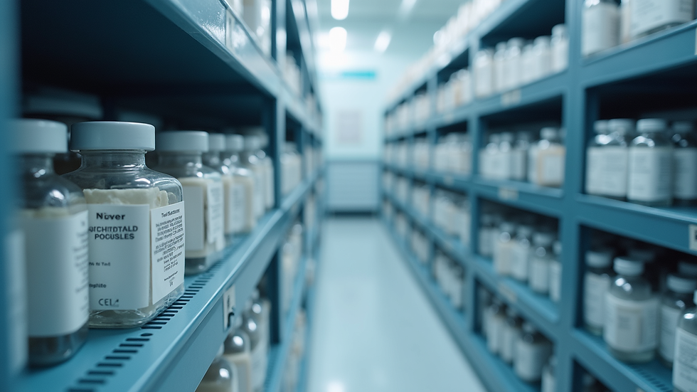 Close-up view of clinical trial supplies organized in a temperature-controlled storage unit