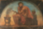 Painting of Greco-Roman god Aesculapius by unknown artist. The painting shows Aesculapius in the centre with red fabric draped around his body, seated beside an aloe plant.