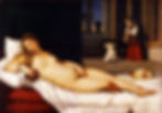 An image of Titian's Venus of Urbino, which shows a nude female figure laying on white sheets, with flowers in her hand and a dog at the foot of the bed. Two women are seen in the background, one kneeling, one standing, over a wooden chest.