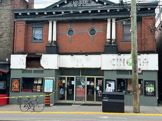 The Revue cinema facade restoration in progress.