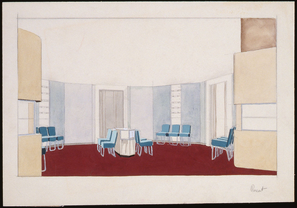 Illustration d'une décoration d'intérieur, avec un tapis rouge et des chaises bleues.
