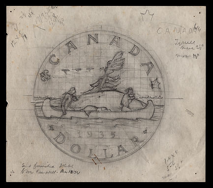 A pencil sketch of a Canadian silver dollar coin with two men paddling a canoe.
