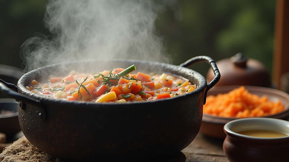 Close-up view of a traditional cooking pot with local ingredients