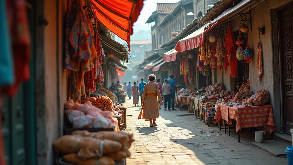 Eye-level view of a small street market with colorful local crafts
