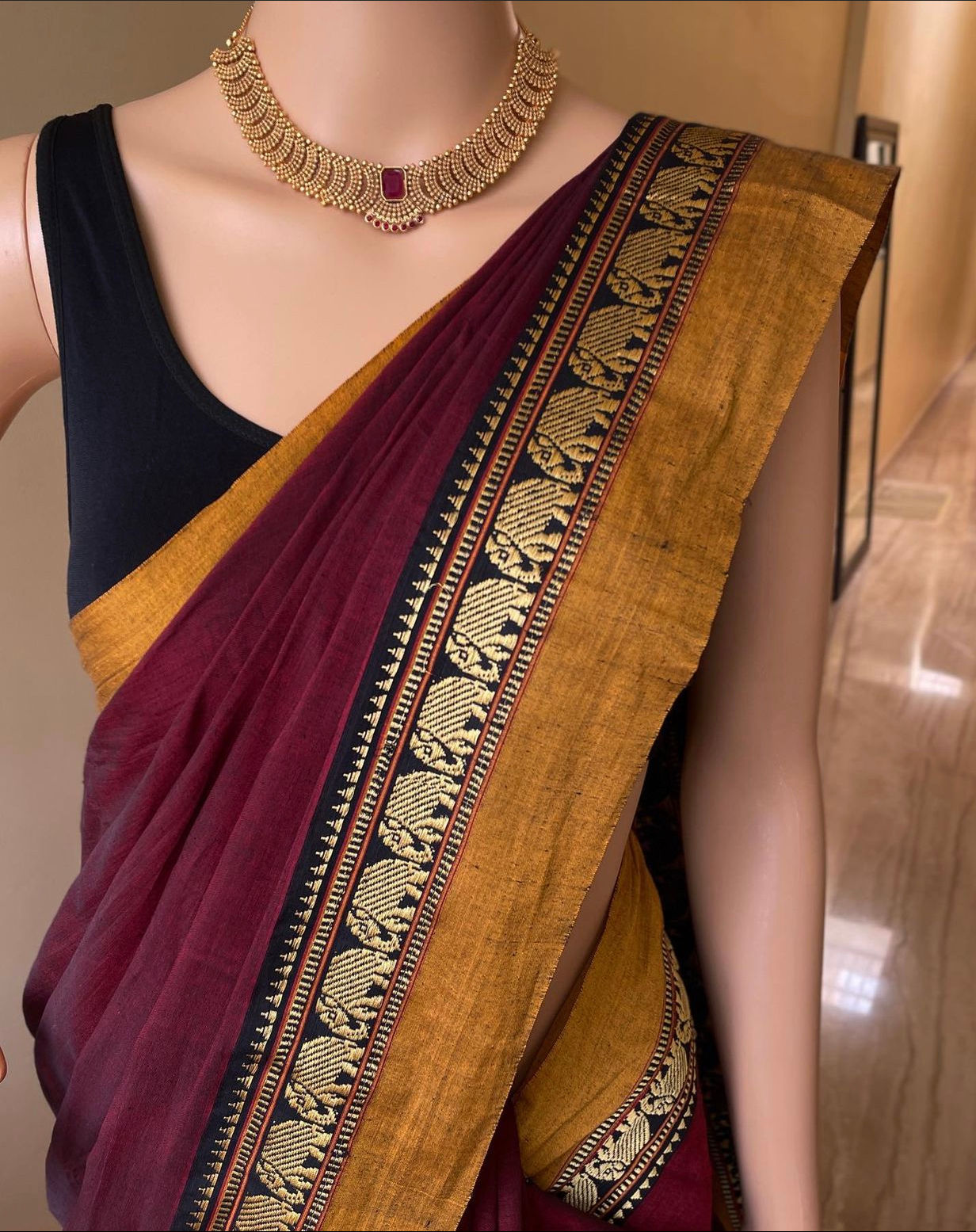 Traditional Narayanpet Maroon Cotton Saree