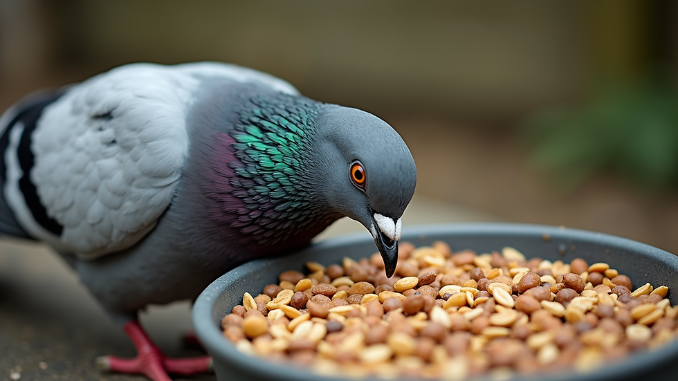 High angle view of a pigeon eating from a clean feeder filled with mixed grains