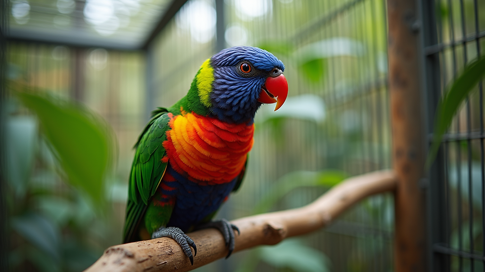 Eye-level view of a colorful parrot perched on a wooden branch inside a spacious cage