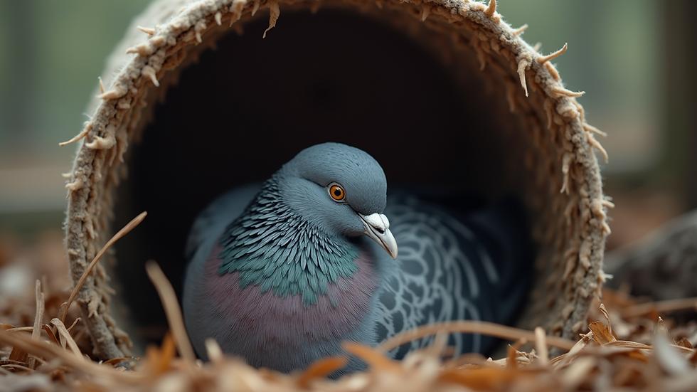 Close-up view of a pigeon resting peacefully inside a covered cage