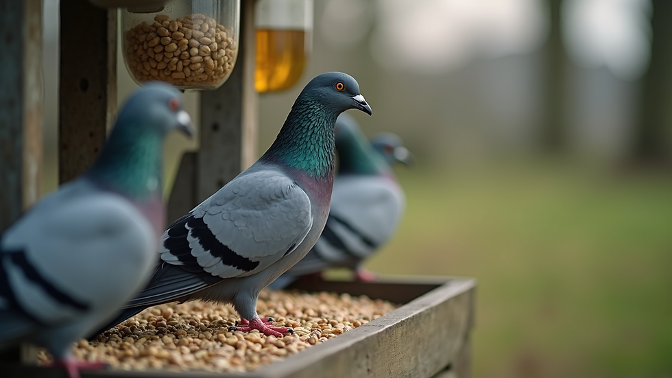 Close-up view of a pigeon feeder with fresh seeds and water dispenser