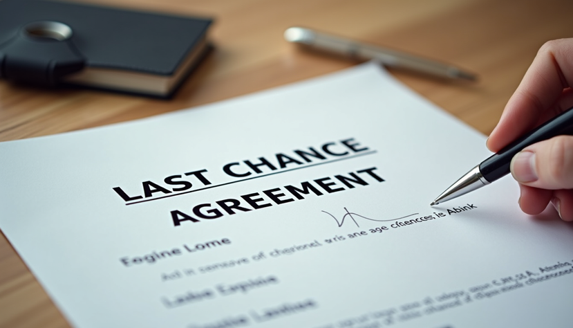 Hand signing a "LAST CHANCE AGREEMENT" on a desk with a pen, notebook, and wood surface. The mood is serious and formal.