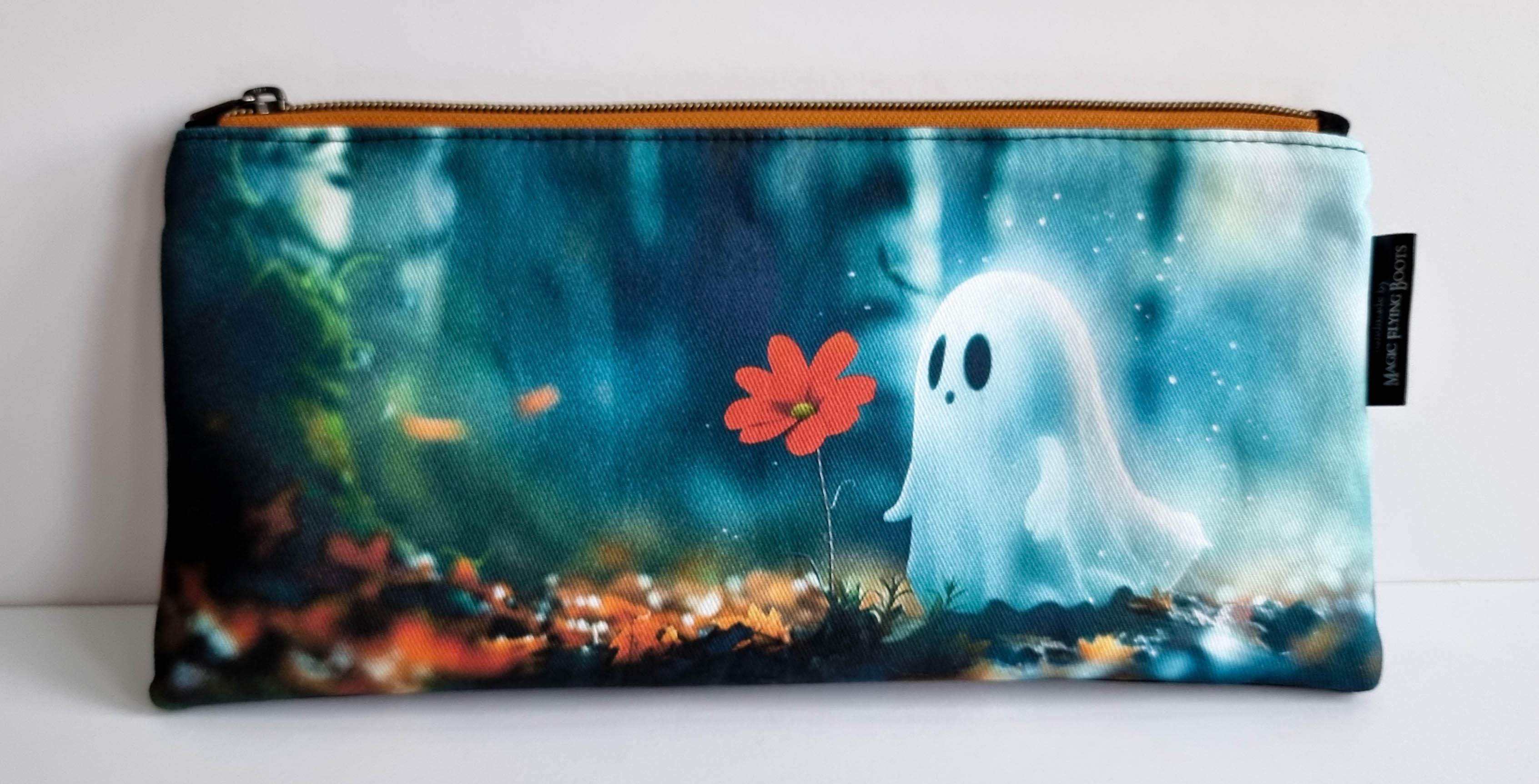 Large Handmade Ghost with Red Flower Pencil Case