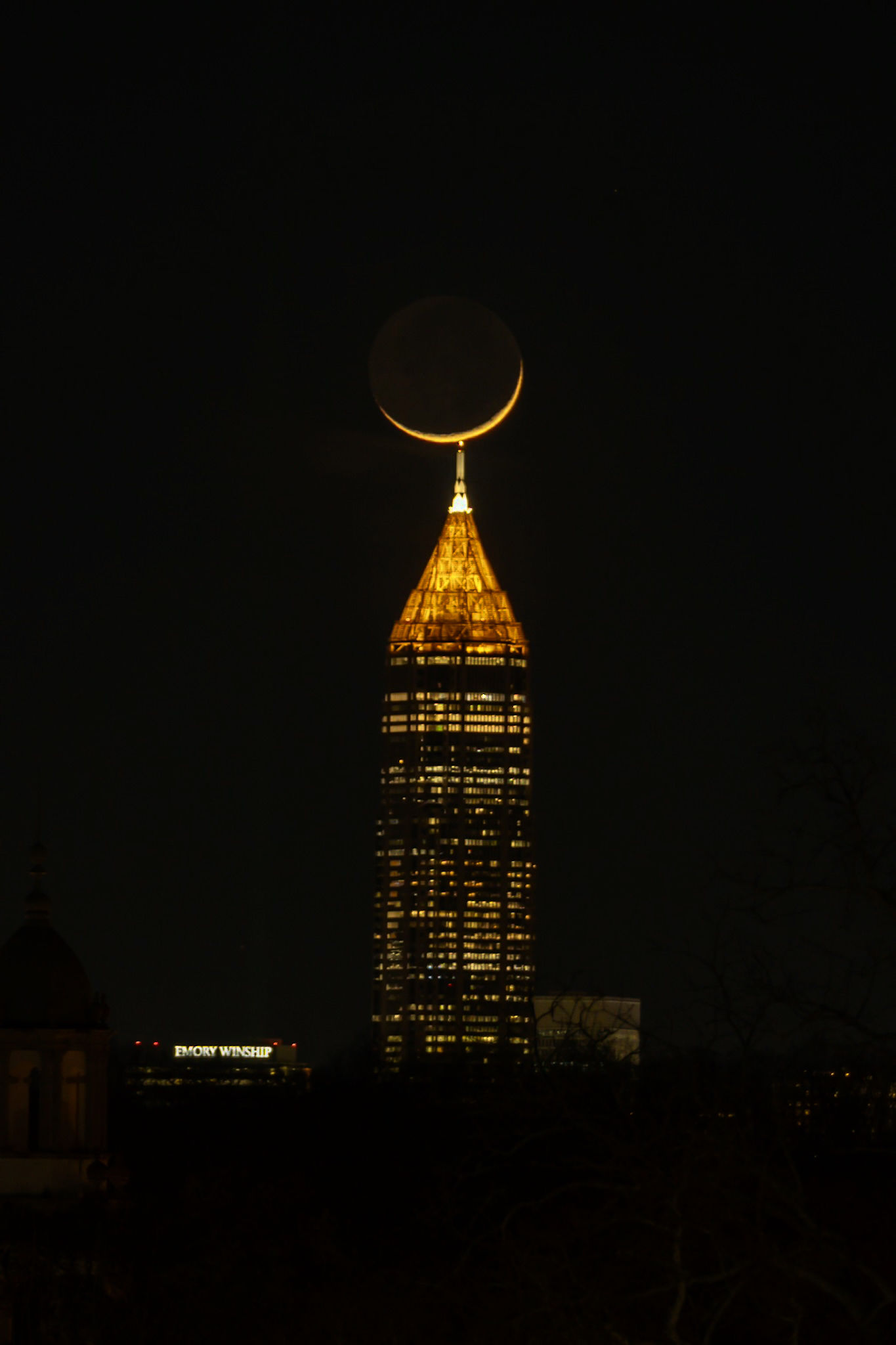 Crescent Moon over Bank Of America Plaza Framed Poster