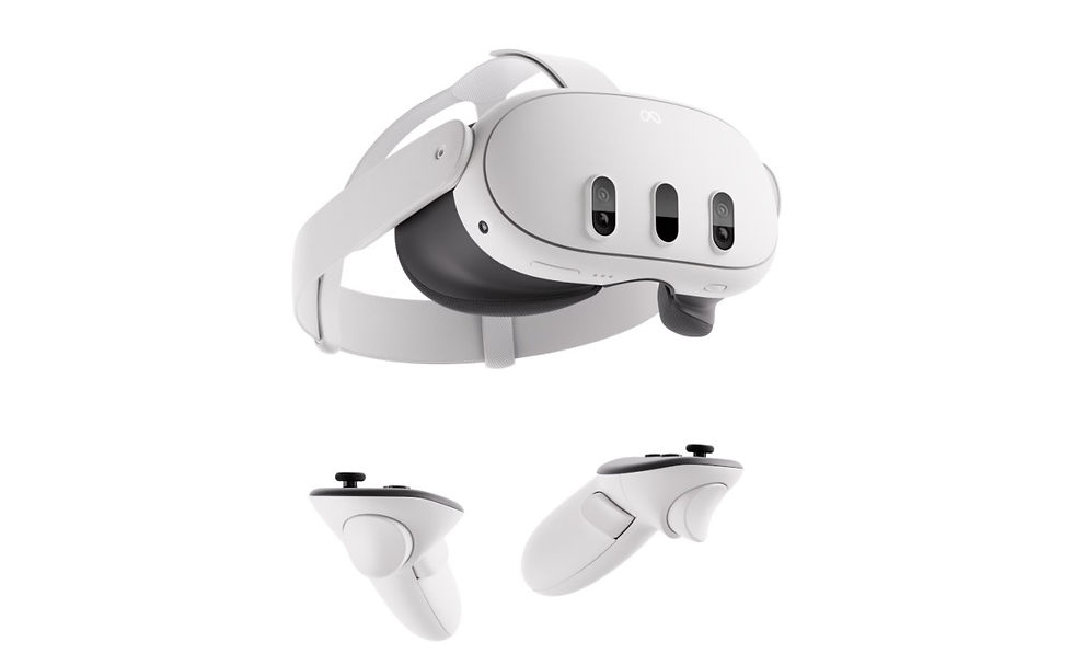 Close-up view of a VR headset with controllers on a wooden surface