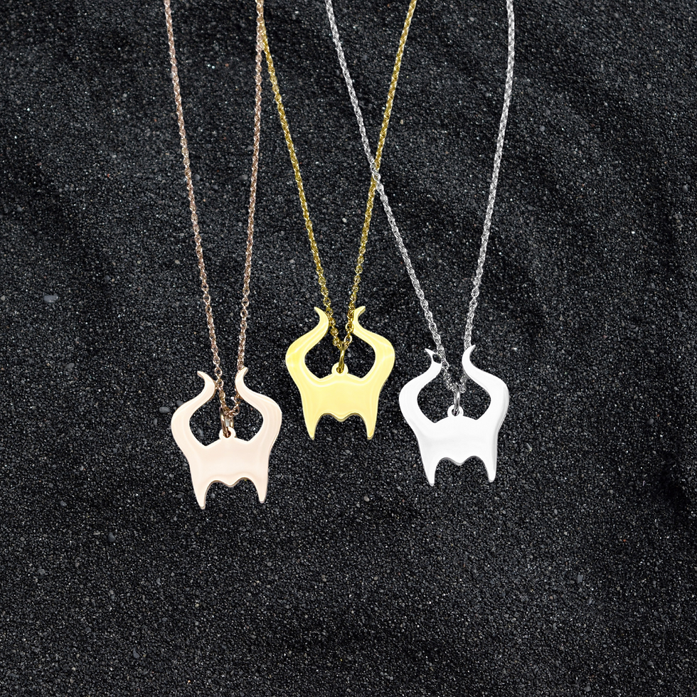 mistress of evil necklace in rose gold, gold, and silver