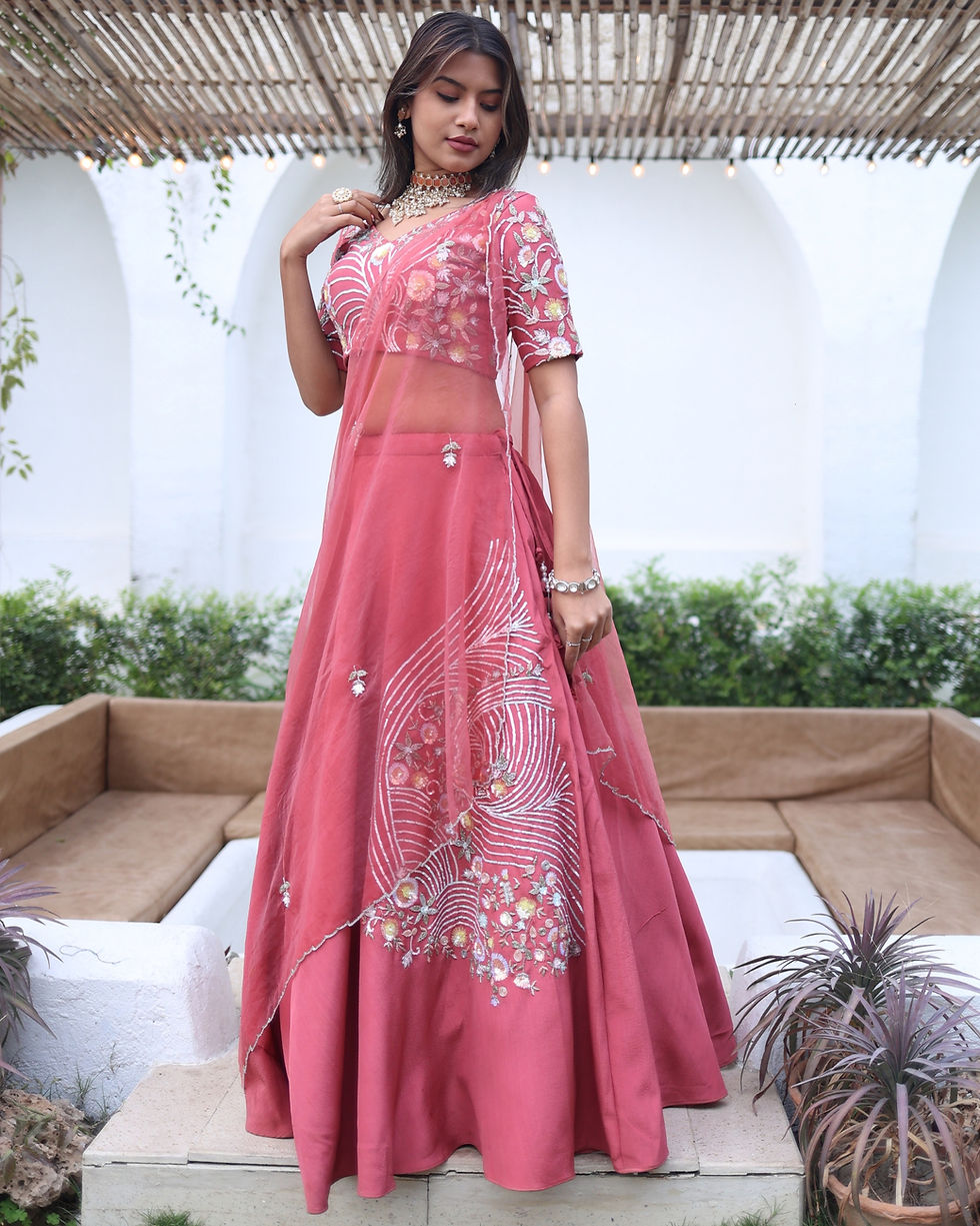 Thumbnail: Blush Pink Embroidered Lehenga Set with Net Dupatta