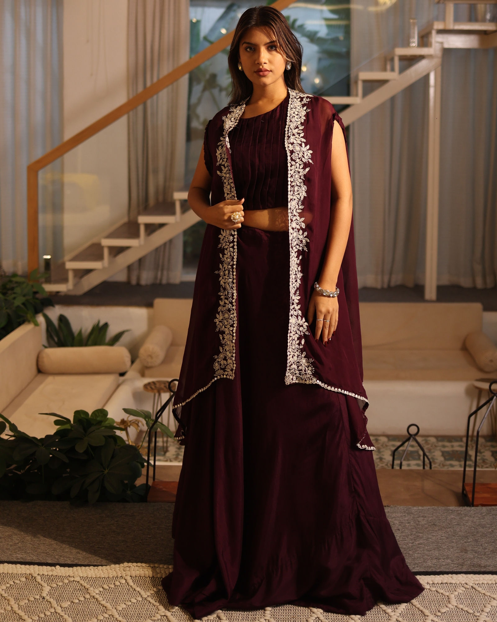 Maroon Embroidered Crop Top Lehenga Set 