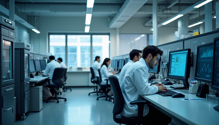 Eye-level view of a laboratory workstation with genomic sequencing equipment