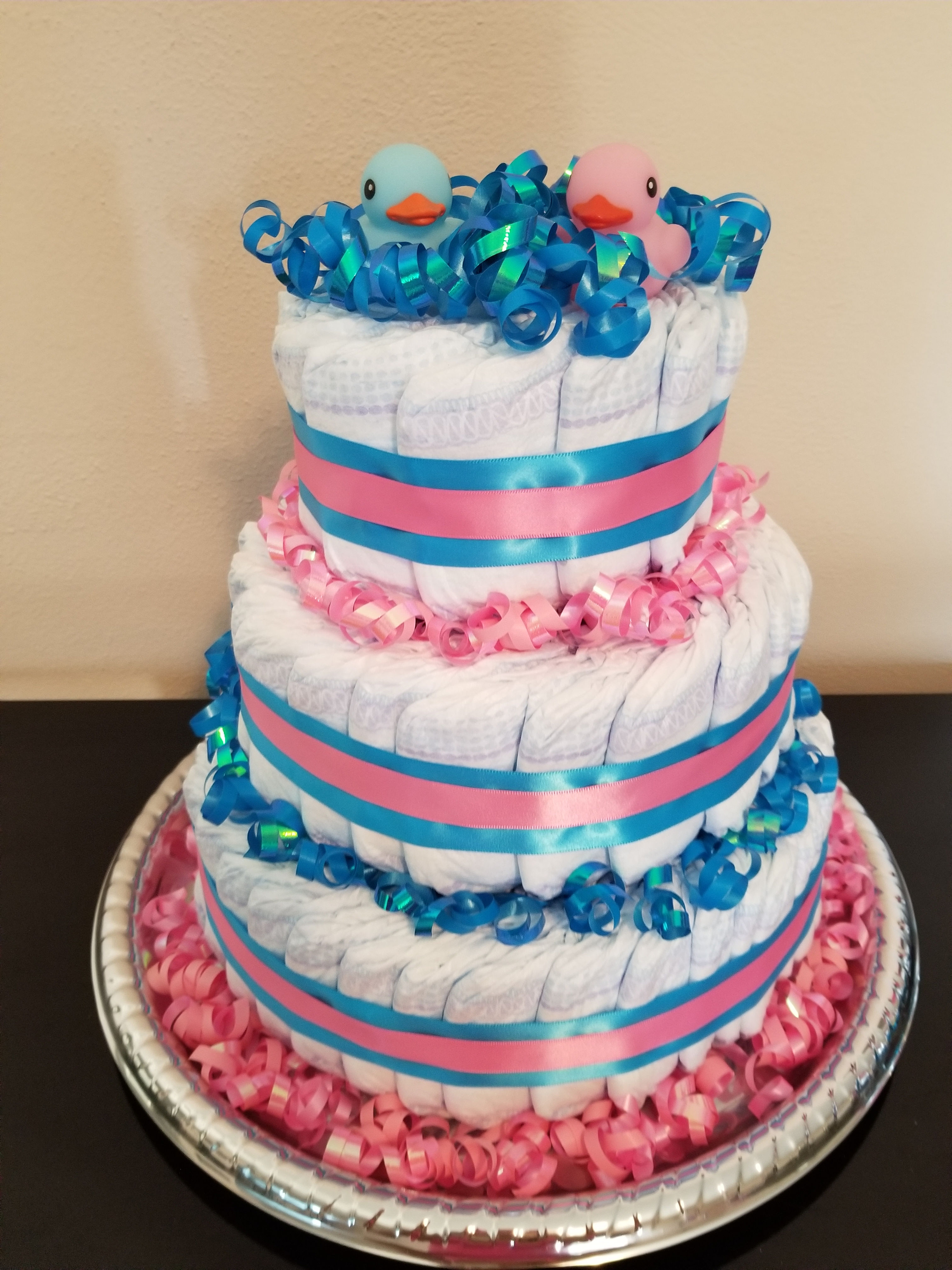 Blue & Pink Gender Reveal Rubber Ducks Diaper Cake