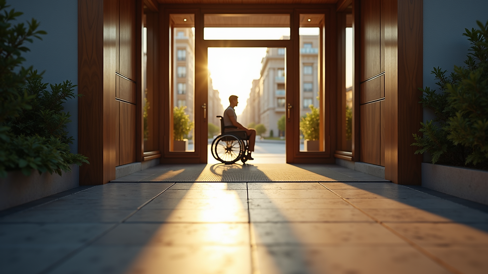 Eye-level view of a wheelchair-accessible hotel entrance with a ramp