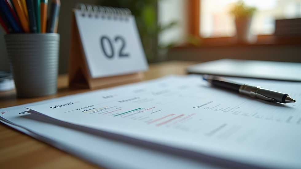 Eye-level view of a desk with organized papers and a calendar