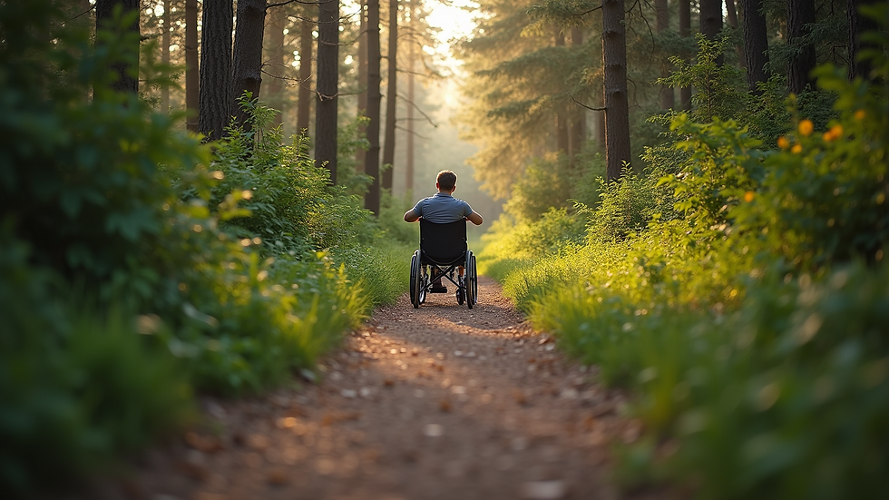 Eye-level view of wheelchair-accessible hiking trail in forest