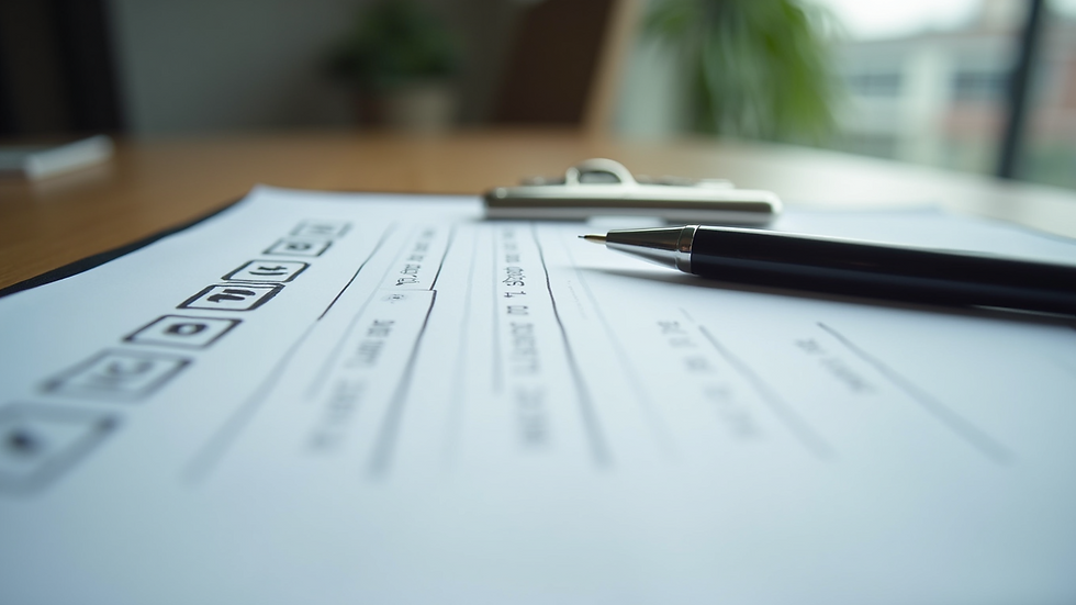 Close-up view of a checklist and pen on a desk