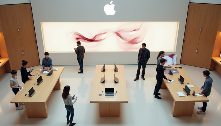 Vue en plongée d'un espace de vente Apple avec des clients interagissant avec des produits