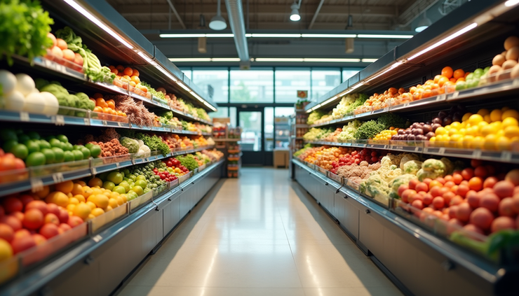 High angle view of a grocery store aisle with fresh organic produce
