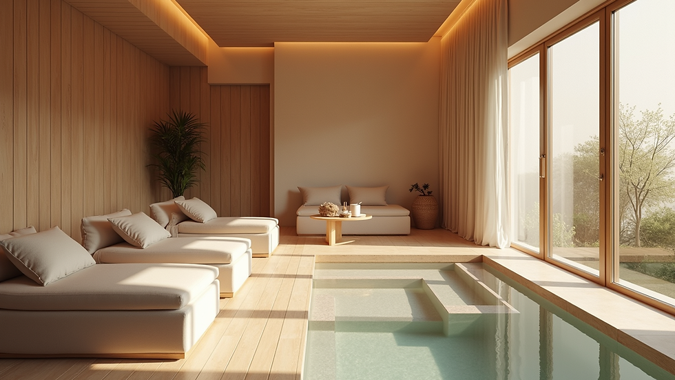 High angle view of a tranquil spa lounge area with comfortable seating and soft decor